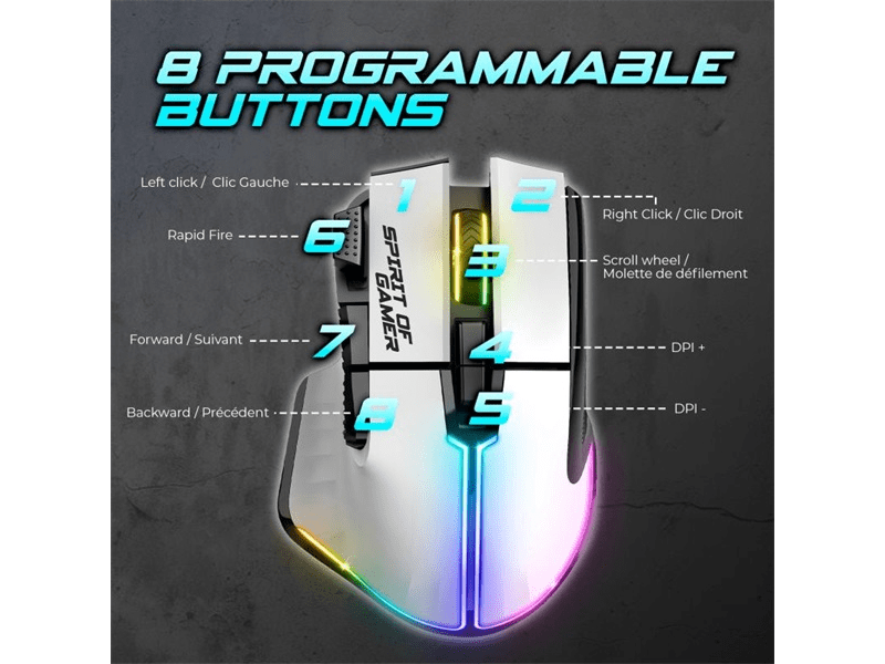 Spirit of Gamer Egér vezeték nélküli - PRO-M5 Arctic Wireless (Optikai, 8000DPI, 8 gomb, fehér)