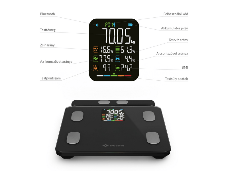 TrueLife FitScale W8 BT Okosmérleg, fekete (TLCSMFSW8NNBA)