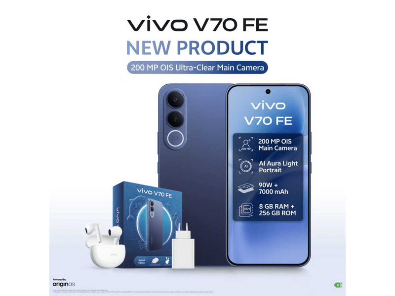 Vivo V70 FE 8/256GB Okostelefon, kék + töltő + fülhallgató