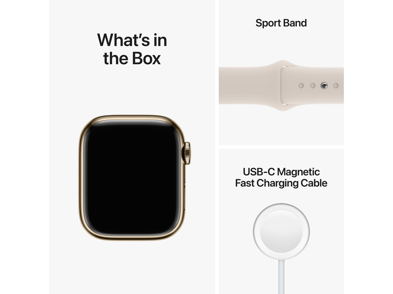 Apple Watch Series 8 Cellular 41mm arany roszdamentes tok , csillagfény Sport szíj - Regular (MNJC3CM/A)
