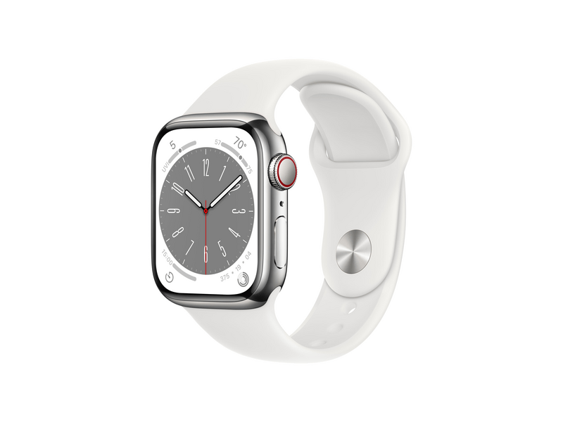 Apple Watch Series 8 Cellular 41mm ezüst roszdamentes tok , fehér Sport szíj - Regular (MNJ53CM/A)