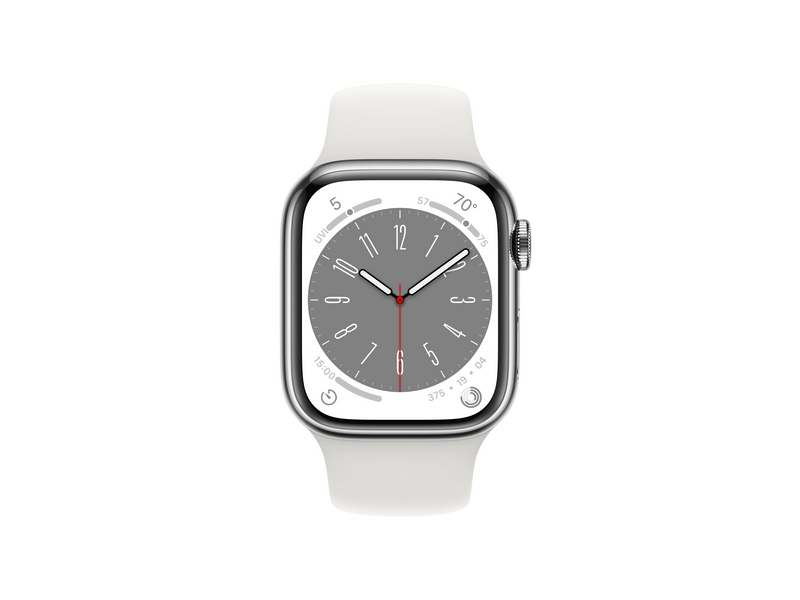 Apple Watch Series 8 Cellular 41mm ezüst roszdamentes  tok , fehér Sport szíj - Regular (MNJ53CM/A)