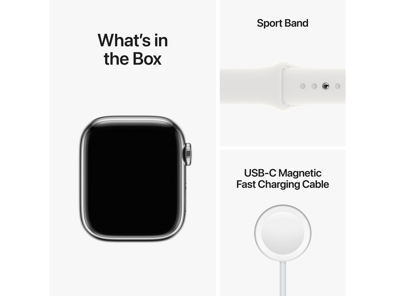 Apple Watch Series 8 Cellular 41mm ezüst roszdamentes tok , fehér Sport szíj - Regular (MNJ53CM/A)
