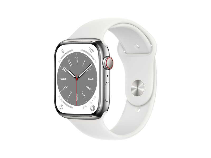 Apple Watch Series 8 Cellular 45mm ezüst rozsdamentes tok, fehér Sport szíj - Regular (MNKE3CM/A)
