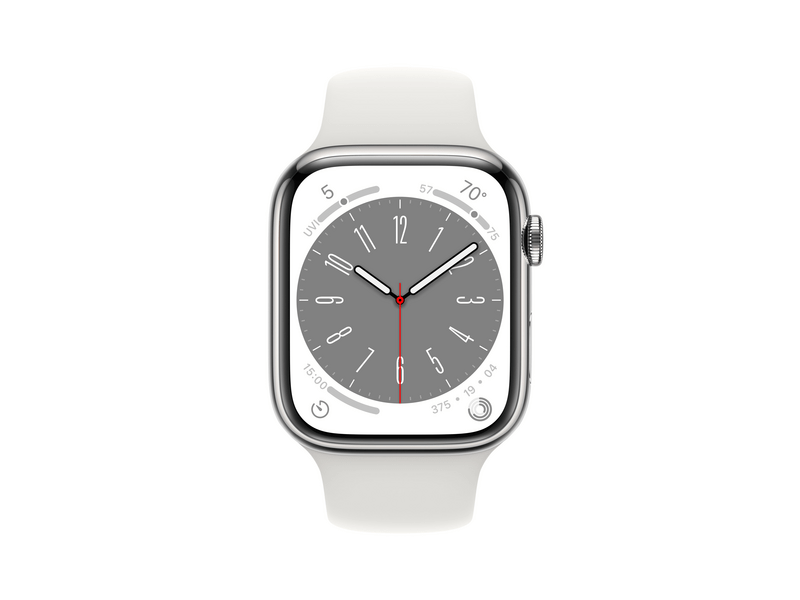 Apple Watch Series 8 Cellular 45mm ezüst rozsdamentes tok, fehér Sport szíj - Regular (MNKE3CM/A)