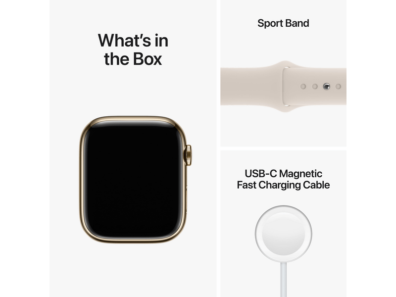 Apple Watch Series 8 Cellular 45mm arany rozsdamentes tok , csillagfény Sport szíj - Regular (MNKM3CM/A)