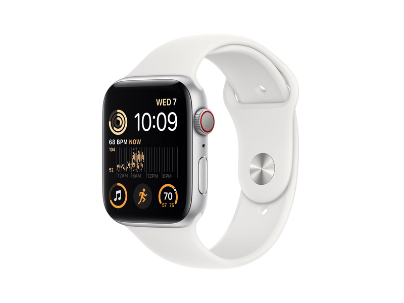 Apple Watch SE (2022) Cellular 44mm ezüst Aluminium tok , fehér Sport szíj - Regular (MNQ23CM/A)