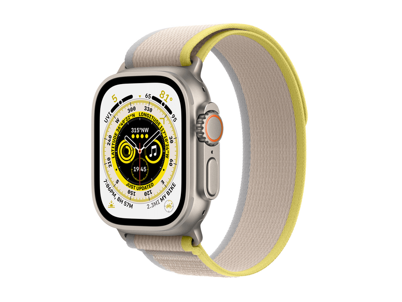 Apple Watch Ultra Cellular, 49mm Titán tok, sárga/bézs terep pánt - S/M (MNHK3CM/A)