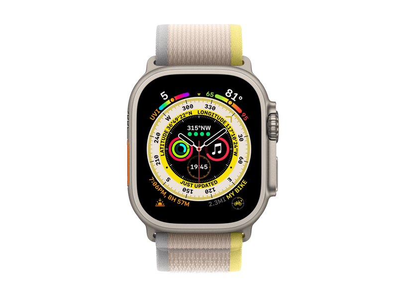 Apple Watch Ultra Cellular, 49mm Titán tok, sárga/bézs terep pánt - S/M (MNHK3CM/A)