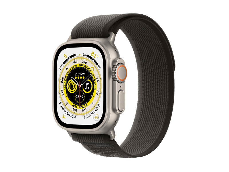 Apple Watch Ultra Cellular, 49mm Titán tok, fekete-szürke terep pánt - S/M (MQFW3CM/A)