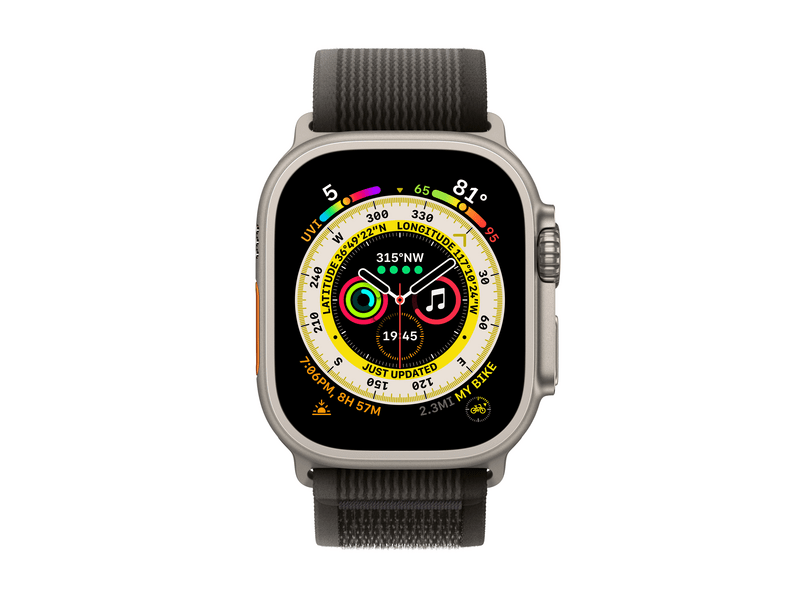 Apple Watch Ultra Cellular, 49mm Titán tok, fekete-szürke terep pánt - M/L (MQFX3CM/A)