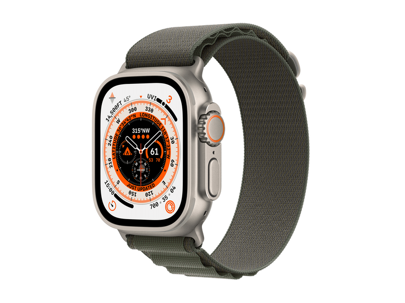 Apple Watch Ultra Cellular, 49mm Titán tok, zöld Alpesi pánt - Large (MQFP3CM/A)