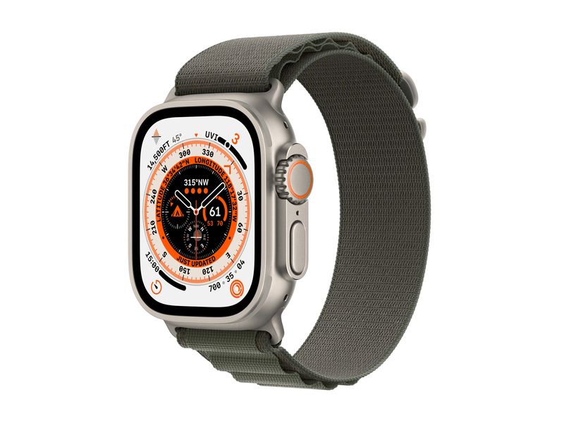Apple Watch Ultra Cellular, 49mm Titán tok, zöld Alpesi pánt - Small (MNHJ3CM/A)