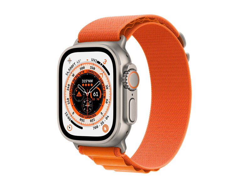 Apple Watch Ultra Cellular, 49mm Titán tok, narancsszínű Alpesi pánt - Small (MNHH3CM/A)