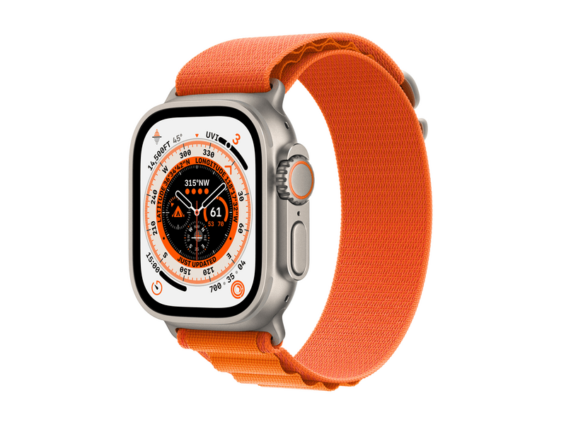 Apple Watch Ultra Cellular, 49mm Titán tok, narancsszínű Alpesi pánt - Large (MQFM3CM/A)