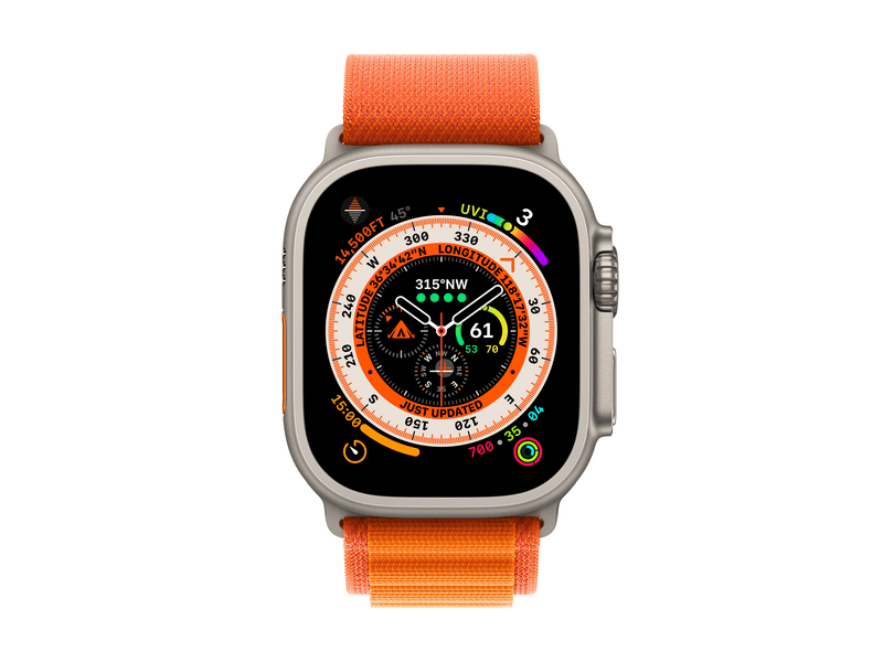 Apple Watch Ultra Cellular, 49mm Titán tok, narancsszínű Alpesi pánt - Large (MQFM3CM/A)