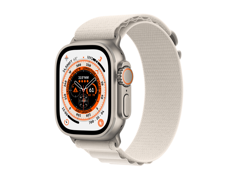 Apple Watch Ultra Cellular, 49mm Titán tok, csillagfény Alpesi pánt - Small (MQFQ3CM/A)