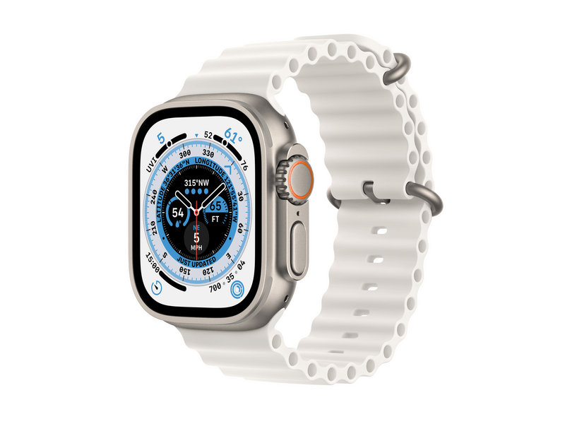 Apple Watch Ultra Cellular, 49mm Titán tok, fehér óceán szíj (MNHF3CM/A)