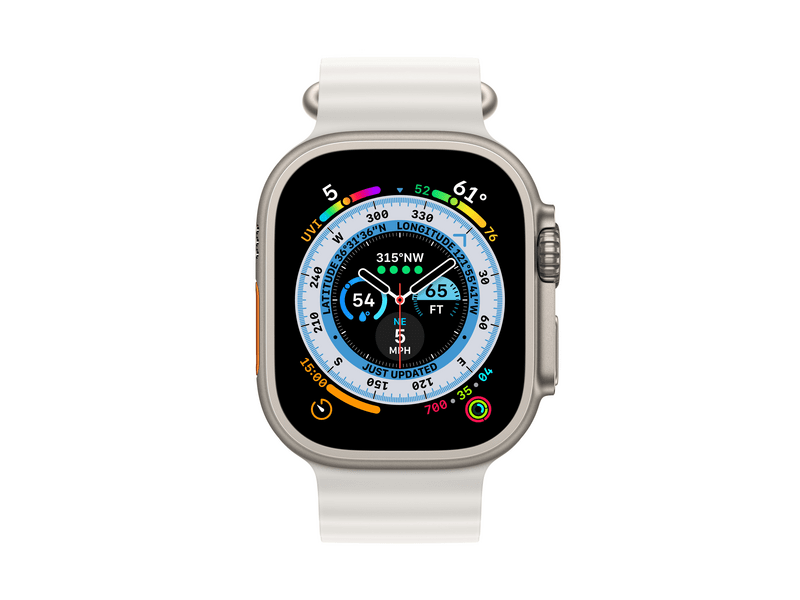 Apple Watch Ultra Cellular, 49mm Titán tok, fehér óceán szíj (MNHF3CM/A)