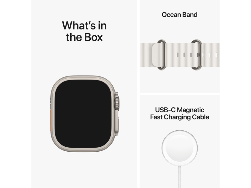 Apple Watch Ultra Cellular, 49mm Titán tok, fehér óceán szíj (MNHF3CM/A)